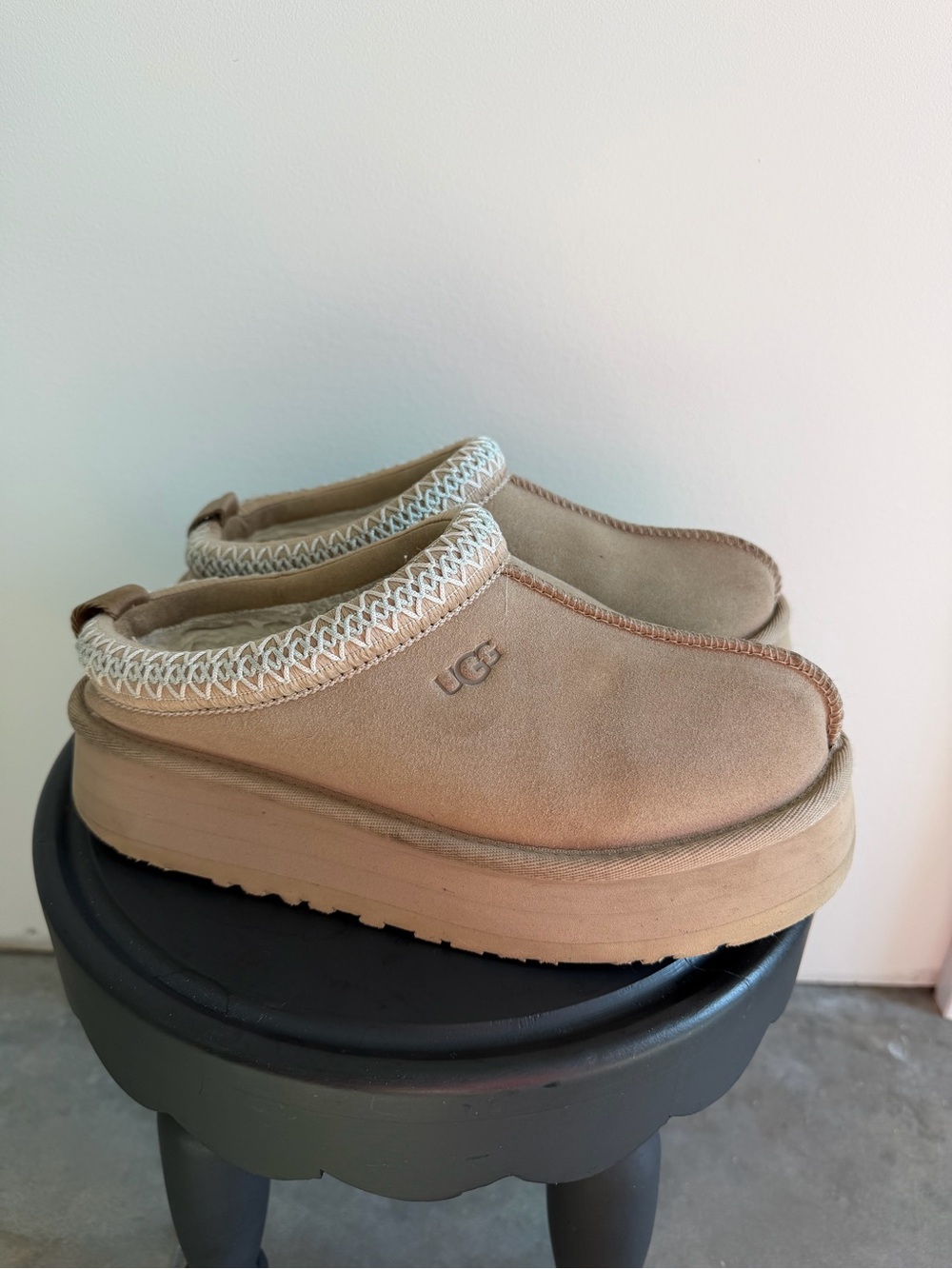 UGG Tan Suede Platform Clog Mules